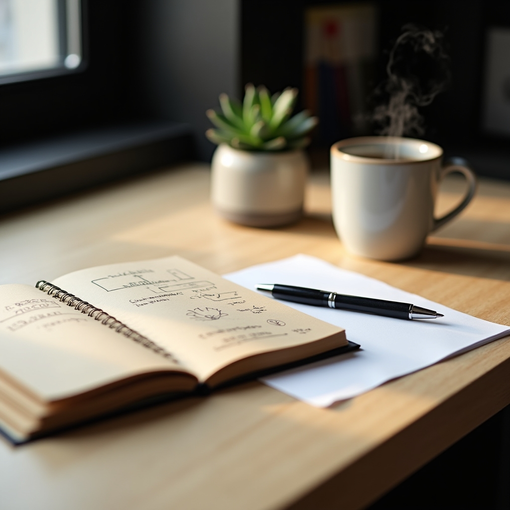 Organized desk with notebook, pen and soft lamp light creating a calm planning environment